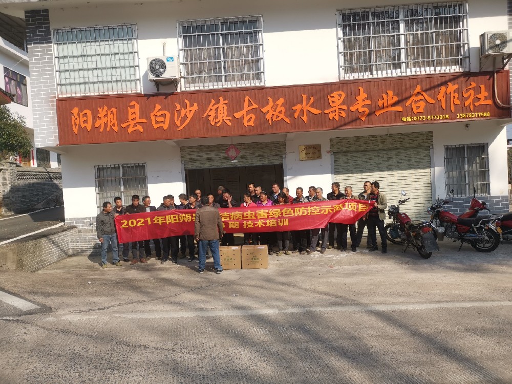 2021年11月，公司在廣西陽(yáng)朔縣白沙鎮(zhèn)提供柑桔病蟲(chóng)害防控技術(shù)培訓(xùn)現(xiàn)場(chǎng)會(huì)